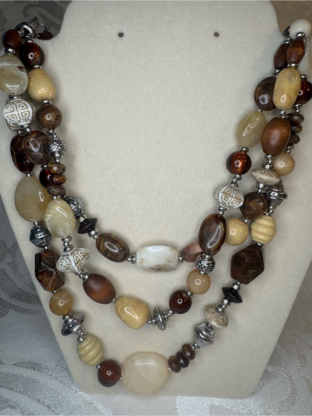 NWOT Premier Designs Multi-Strand Brown and Cream Beaded Necklace